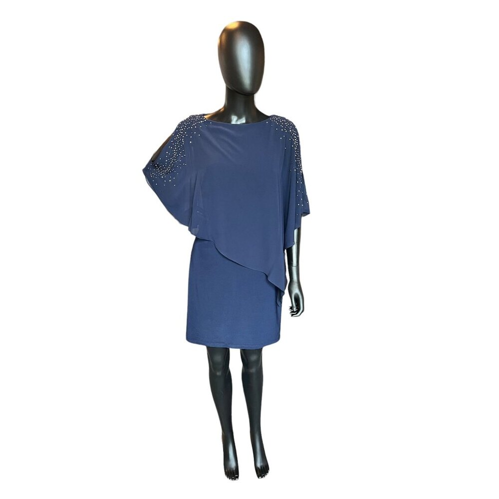 Navy Asymmetrical Chiffon Overlay Cocktail Dress